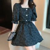 Summer Two-piece Sets Elegant Sweet Jacquard Square Collar Puff Sleeve Button Chic Top + A-line Mini Skirt