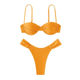 Women Swim Bikini Suit, Solid Color Pleated Sleeveless Bra+ Shorts Briefs Swimwear Swimsuit-Outfit