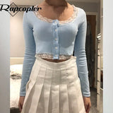 Lace Patchwork Crop Top Women T Shirts Knitted Slim Tee Tops Button Cardigan Blue Cute Tshirt Autumn Long Sleeve