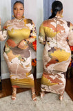 Plus Size Print High Neck Long Sleeve Long
