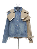 Women's Denim Windbreak Patchwork Contrast Color Stand Collar Loose Split Epaulet Jacket 2024 Summer New Fashion 1B093-Outfit