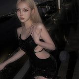 Women's Sexy Metal Chain Halter Neck Shiny Sequined Glitter Sleeveless Waist Cutout Mini Short Bodycon Party Dress-Outfit