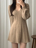 Color Cute V-Neck Cable Knit Long Sleeve Mini