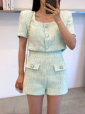 Summer Korean Temperament Elegant 2 Piece Set Small Fragrance Tweed Short Sleeve Crop Top + High Waist Short Pants
