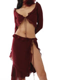 Mesh Ruffles Long Sleeve Tie Up Crop Top And Wrap Skirt Set-Outfit