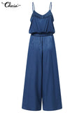 Celmia Elastic Waist Spaghetti Straps Overalls Women Fashion Wide Leg Pants 2022 Summer Long Rompers with Belt Casual