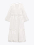 Hollow Out Midi Dresses For Women V Neck Long Sleeve High Waist Loose Solid Elegant Folds A Line Dress Female