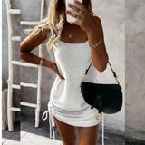 Women Solid Dress Sling Backless Drawstring Round Neck Sleeveless Sheath Sort Package Hip Dresses Lace Up Casual 2023-Outfit