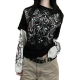 Women Gothic Fake Two-Piece T-shirts Fall Winter 2024 Vintage Top Clothes y2k Graphic Korean Style Long Sleeve Top Streetwear-Outfit