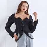 Striped Coat For Women Square Collar Puff Long Sleeve Asymmetric Hem Designer Jackets Jackets Female 2020