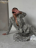 Fashion Zebra Print Women'S Suit Elegant High Waist Pants Set Office Lady Long Sleeve Blazer 2 Piece Sets Womens