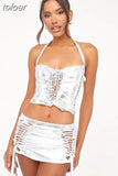 Silver Halter Drawstring 2 Two Piece Sets Summer Outfits For Women 2023 Sexy Hellow Out Mini Skirts Sets Backless