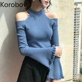 New Arrival Sueter Mujer Women Flare Long Sleeve Half Turtleneck Slim Jumper Knitted Off Shoulder Female Sweaters
