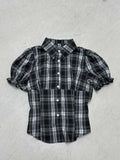 College Style Retro Check-Colored Bubble Sleeves Slim Slim Collar Buckle Short-Sleeved Shirt