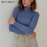 WOTWOY Ribbed Knitted Turtleneck Sweater Women Autumn Winter Slim Fit Basic Pullover Female Long Sleeve Black White