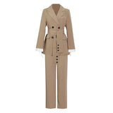 Temperament Black Two Piece Set For Women Notched Long Sleeve Sashes Blazer High Waist Wide Leg Pants Female
