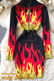 Fire Flame Print Knit Sweater Dress Women New Chic Zipper up Stand Collar Full Sleeve Sexy Party Streetwear Club
