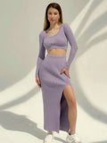 Winter Graceful Knitted Dress 2 Pieces Set Long Sleeve Cropped Sweater+Slit Skirt Suits Female Sexy Soft Pullover