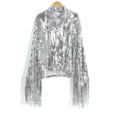2021Performance Silver Tassel Sequin Jacket Retro Long-sleeved Silver Reflective Jacket Women Outwear Tops Sequin Coat