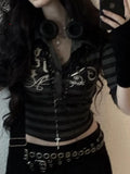 Goth Print Tops Stripe Cute Y2K T-Shirts Dark Academia Techwear Button Up V Neck Half Sleeve Sweat Shirts Grunge