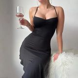 Toloer Summer New Temperament Hanging Neck Back Tie Slim Empty Lotus Leaf Skirt Dress