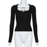 Women Draw-string Bandage Round Collar Crop Tops Autumn Long Sleeve Lace Up T Shirt 2023 Casual Simple Basic T-shirts-Outfit