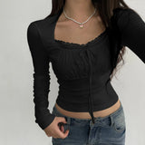 Lace Pleated Chest-Shaped Slim Long-Sleeved T-Shirt 2023 New Style-Outfit