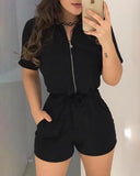 Women Elegant Sexy V Neck Turn-down Collar Solid Short Rompers Summer Short Sleeve Zipper Design Romper with