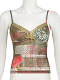 Vintage Slim Printed Lace Trim Camis Tops Sexy V-Neck Sleeveless Tank Tops Women 2024 Summer Fashion Streetwear Ladies-Outfit