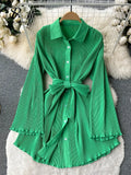 Ruffles Design Autumn Vintage Dress Temperament Lapel Flare Sleeve Senior Single Breasted Women Solid Midi Long