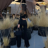 Long Sleeve Irregular Cropped Top Micro Flared Pants Set Woman 2 Pieces Straight-Leg Pants Matching Bandage Top