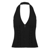Trendy Sexy Strap Girded Waist Design Solid Sexy Hot Babes Hanging Neck Zipper Small Vest 2025