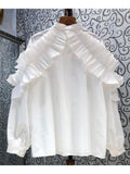 Casual Loose Solid Patchwork Ruffle Shirt Female Long Sleeve Korean Fashion Blouse For Women Autumn 2021 New