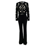 New Fashion Round Neck Heavy Industry Nail Beads Short Jacket Open Fork Horn Trousers