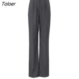 Office Mid Waisted Women Pants Gray Autumn High Street Straight Pants Fashion Lady Floor-Length All-Match Trouser Gray