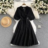 Autumn Women Green/Orange/White Hollow Out Midi Dress Elegant V-Neck Puff Short Sleeve High Waist Party Robe Female Vestido