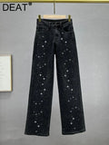 Women's Jeans High Waist Black Full Diamonds Straight Wide Leg Full Length Denim Pants 2024 Summer New Fashion 29L3958-Outfit