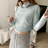 Thin Style Design Rope Long-Sleeved T-Shirt Woman Waist Slim Solid Color Short-Style Sunscreen Blouse-Outfit