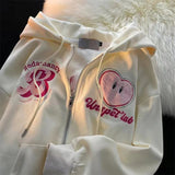 Women Letter Embroidery Hoodies Autumn Winter Retro Zipper Long Sleeve Loose Jacket Coats Y2K Harajuku Casual Hooded Sweatshirts 703-0-Outfit