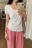 Solid Color U-Collar Short-Sleeved T-Shirt Women's Spring And Summer New Elastic Leisure Slim And Skinny Bottomed Blouse-Outfit