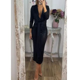 Women's Autumn And Winter Sexy V-Neck Dress Solid Hot Gold Tight-Body Ass