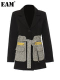 Women Black Tweed Pocket Elegant Long Blazer New Lapel Long Sleeve Loose Fit Jacket Fashion Spring Autumn 2023