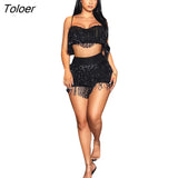 Tassel Two Piece Set Women Dance Clothing Spaghetti Strap Crop Tops and Shorts Sets Sexy Shining Party Club