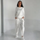 2025 New Women's Solid Color Round-Neck Long-Sleeved Set Pocket Casual Pants