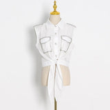Loose Shirt For Women Lapel Sleeveless Patchwork Diamonds Solid Minimalist Blouses Female Summer Clothing Style