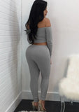 Ribbed Basic Off Shoulder Crop Top and Pants 2pc
