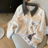 Sleeve Solid Women Turn Down Collar Loose Casual Knitted Coats Zipper Autumn Winter 2023 Regular Splice Sweaters Cardigan-Outfit