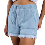 Women's Washed Denim Shorts, Casual Drawstring Elastic Waist Frayed Hem Loose Short Jeans-Outfit