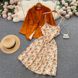 Autumn Vintage Women Two Piece Set Elegant Notched Collar Single Button Coat + Floral Spaghetti Strap Dress Suits 2Pcs