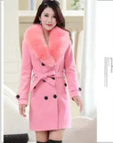 Length Wool Coats Women Fur Collar Splice Blends Korean Full Sleeve Double Breasted Lace Up Belt Thick Warm Winter Jackets-Outfit